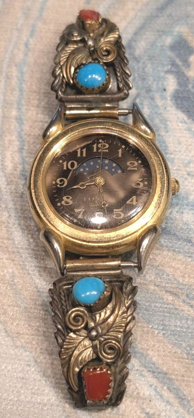VTG Moonphase Watch W/ Turquoise And Coral Sterling Silver Watch Band